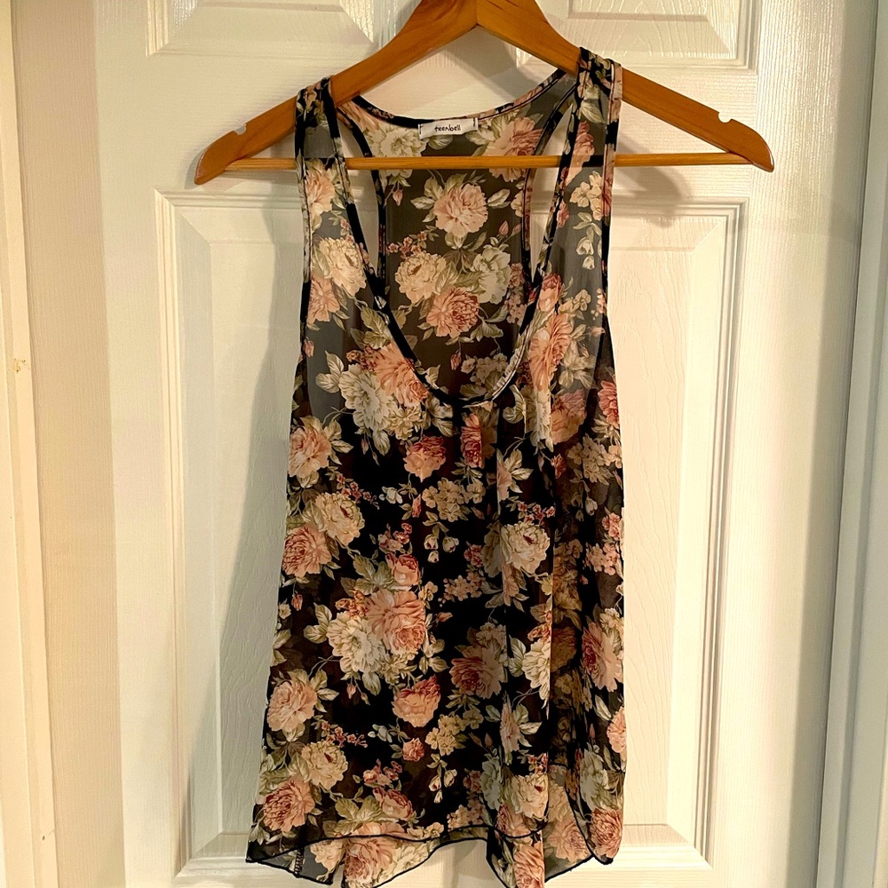 Sheer Floral Black Tank Top